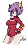  1girl armband bigdead93 blush breasts cleavage cleavage_cutout contrapposto cropped_legs eyebrows fake_horns hairband hands_on_hips highres kagari_(pokemon) open-chest_sweater pokemon pokemon_(game) pokemon_oras purple_hair ribbed_sweater short_hair solo sweater sweater_dress team_magma thick_eyebrows turtleneck violet_eyes 