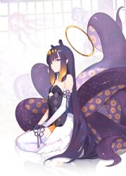  1girl bare_shoulders commentary detached_sleeves english_commentary feathered_wings full_body hair_ornament halo highres hime_cut hololive hololive_english kneeling long_hair looking_at_viewer ninomae_ina'nis ninomae_ina'nis_(1st_costume) pointy_ears purple_hair suction_cups tentacles thigh-highs very_long_hair virtual_youtuber white_thighhighs wings yuyu_00 