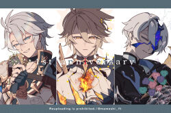  3boys anniversary antenna_hair armor artist_name belt black_belt black_choker black_gloves black_robe black_shirt blonde_hair blue_border blue_eyes blue_flower border bouquet chest_belt choker clenched_hand closed_eyes coat collarbone cracked_skin diamond-shaped_pupils diamond_(shape) english_text fingerless_gloves fingernails fire flower gloves grey_hair hair_between_eyes hand_up holding holding_bouquet holding_flower honkai:_star_rail honkai_(series) hooded_robe jewelry leaf long_hair_between_eyes long_sleeves looking_at_object looking_at_viewer looking_down macha@meshi male_focus multiple_boys multiple_persona neck_ring neck_tattoo phainon_(flame_reaver)_(honkai:_star_rail) phainon_(honkai:_star_rail) phainon_(khaslana)_(honkai:_star_rail) pink_flower purple_flower robe shirt short_hair shoulder_armor simple_background single_glove smile striped_border sun_symbol sun_tattoo symbol-shaped_pupils tattoo teeth upper_body white_background white_coat white_flower yellow_eyes yellow_pupils 