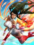  1girl bare_shoulders black_hair breasts circlet cleavage crown feathers fire flying gloves hair_ribbon highres lips long_hair looking_at_viewer narongchai_singhapand red_eyes ribbon signature sky solo 