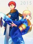  1boy 1girl 2015 absurdres ahoge blonde_hair emiya_shirou fate/stay_night fate_(series) fuyuki_(neigedhiver) green_eyes highres japanese_clothes kimono looking_at_viewer open_mouth redhead saber scarf short_hair wide_sleeves yellow_eyes 