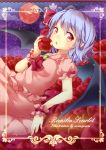  1girl apple ascot bat_wings blue_hair brooch dress food frame fruit full_moon jewelry looking_at_viewer mi_hitsuji moon night open_mouth pink_dress pink_eyes pudding red_moon remilia_scarlet sitting sky solo star_(sky) starry_sky touhou wings wrist_cuffs 