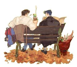  2boys absurdres animal autumn_leaves backpack bag batman batman_(series) bird black-framed_eyewear black_hair bouquet bruce_wayne character_charm charm_(object) clark_kent clark_kent_(civilian) commentary cup dc_comics disposable_coffee_cup disposable_cup flower food food_on_face food_wrapper from_behind glasses highres holding holding_cup holding_food holding_newspaper leaf looking_at_animal looking_to_the_side male_focus multiple_boys musical_note newspaper on_bench outdoors pink_flower short_hair sideburns sideways_glance simple_background sitting siyangou49 spoken_musical_note steam superman superman_(series) untranslatable_commentary unworn_clothes very_short_hair white_background 