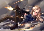  assault_rifle blazer blonde_hair blood brown_eyes casing_ejection cuts dreadtie gun highres howa_type_89 injury long_hair original pantyhose rifle scarf school_uniform shell_casing skirt torn_clothes torn_pantyhose uniform weapon 