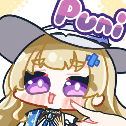  1girl bandaid bandaid_hair_ornament blonde_hair blush_stickers bright_pupils cheek_poking chibi chibi_only commentary_request dress hair_ornament halftone halftone_background hat long_hair open_mouth phoebe_(wuthering_waves) poking romaji_text solo_focus syurikenmaru violet_eyes white_dress white_hat white_pupils wuthering_waves 