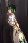  1girl antennae ayakumo black_legwear finger_to_mouth green_eyes green_hair highres lantern looking_at_viewer no_pants off_shoulder panties panties_under_pantyhose pantyhose short_sleeves shushing solo touhou underwear white_panties wriggle_nightbug 