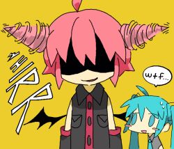  2girls ahoge aqua_hair black_shirt black_sleeves chibi chibi_only collared_shirt demon_wings detached_sleeves drill drill_hair english_commentary english_text hatsune_miku kasane_territory_(utau) kasane_teto kasane_teto_(utau) long_hair multiple_girls necktie okienero red_hair shaded_face shirt simple_background sleeveless sleeveless_shirt speech_bubble twin_drills twintails utau vocaloid wings yellow_background 
