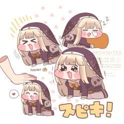  >_< 1girl :d ;d ^_^ black_dress blonde_hair blunt_bangs blush_stickers bow bowtie character_name chibi chibi_only closed_eyes commentary_request disembodied_hand dress full_body headpat heart highres juliet_sleeves long_hair long_sleeves meme multiple_views mya_(m_ya_mya) nose_bubble nun nun_headdress one_eye_closed open_mouth orange_bow orange_bowtie puffy_sleeves pumpkin simple_background smile speaki_(trickcal) speakiposting_(meme) spoken_heart trickcal watermark white_background 