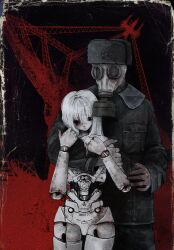  1boy 1girl absurdres android arm_on_another's_shoulder black_background body_writing brown_eyes doll doll_joints gas_mask hat highres joints long_hair mask military_uniform original red_background rust satellite_dish stuffbecauseidk two-tone_background ushanka white_hair 