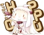  1girl :&gt; ahoge hinata_yuu horns kantai_collection long_hair looking_at_viewer mittens northern_ocean_hime pale_skin shinkaisei-kan sitting smile solo translation_request white_hair 