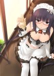  1girl absurdres apron black_hair blue_eyes blush breasts cleavage detached_sleeves fingernails frilled_apron frills glasses highres holding kopianget long_hair looking_at_viewer maid maid_headdress midriff navel original parted_lips red-framed_glasses semi-rimless_glasses sitting skirt solo squeeze_bottle thigh-highs under-rim_glasses very_long_hair waist_apron white_legwear 
