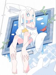  1girl bare_shoulders barefoot blue_eyes blush_stickers bright_pupils closed_mouth collarbone commentary_request crab fish full_body highres long_hair looking_to_the_side off_shoulder original parted_bangs septem_(catnokingb612) shirt short_sleeves sidelocks sitting solo thick_eyebrows through_window white_hair white_pupils white_shirt window 