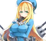  1girl atago_(kantai_collection) blonde_hair crossed_arms green_eyes hat kantai_collection long_hair looking_at_viewer machinery smile solo turret yostxxx 
