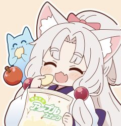  1girl :3 :d ^_^ animal_ear_fluff animal_ears apple bag_of_chips blush bow chips_(food) closed_eyes commentary_request fang food fox_ears fox_girl fruit grey_hair hair_bobbles hair_bow hair_ornament highres holding holding_food japanese_clothes kimono long_hair long_sleeves open_mouth outline ponytail red_bow simple_background skin_fang smile solo touhoku_itako upper_body voiceroid white_kimono white_outline wide_sleeves yellow_background zungurimukkuri_tarou 