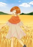  1girl blue_sky boots brown_hair closed_eyes dress female flower garo:honoo_no_kokuin garo_(series) hair_ornament hairclip lara_(garo:honoo_no_kokuin) outstretched_arms short_hair sky smile solo wheat_field 