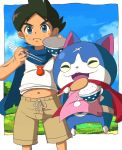  1boy :d besuyama brown_hair cape cat chopsticks closed_eyes facial_mark food fuyunyan highres jewelry keizou multicolored_eyes navel necklace open_mouth red_cape rice shirt_lift short_hair shorts smile tank_top very_short_hair youkai youkai_watch 