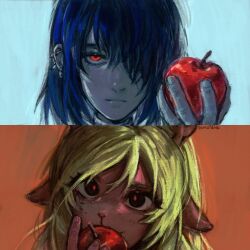 1girl 1other an-coinin animal_ears apple black_eyes blonde_hair blue_hair colored_skin commentary deer_ears deer_girl deltarune ear_piercing eating english_commentary food fruit furry furry_female hair_over_one_eye highres holding holding_food holding_fruit kris_(dark_world)_(deltarune) kris_(deltarune) noelle_holiday noelle_holiday_(dark_world) piercing red_eyes red_pupils short_hair signature utdr_(toby_fox) 