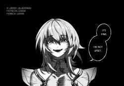  1girl absurdres angry artist_name bags_under_eyes black_background commentary english_commentary english_text fanbox_username glaring greyscale hair_between_eyes highres li9999 long_hair looking_at_viewer monochrome no_veil open_mouth patreon_username portrait shorekeeper_(wuthering_waves) simple_background smile solo twitter_username wuthering_waves 