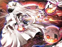  1girl datenshi dress dress_lift glowing glowing_eye horns kantai_collection long_hair long_sleeves midway_hime orange_eyes shinkaisei-kan solo spikes turret very_long_hair white_dress white_hair white_skin 