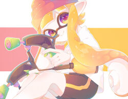  1girl 26tumugi beanie bike_shorts black_shorts closed_mouth commentary_request gun hat holding holding_gun holding_weapon inkling_girl inkling_player_character long_hair looking_at_viewer orange_eyes orange_hair pointy_ears shirt shorts solo splat_dualies_(splatoon) splatoon_(series) splatoon_2 tentacle_hair weapon white_shirt 
