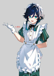  1boy absurdres apron aqua_eyes aqua_hair black_hair braid commentary crossdressing crossdressing_(mtf) english_commentary enmaided frilled_apron frills genshin_impact gloves gradient_hair green_pants green_shirt highres lkari_shi maid maid_apron maid_headdress male_focus male_maid multicolored_hair open_mouth pants shirt smile solo trap twin_braids venti_(genshin_impact) waist_apron white_apron white_gloves white_headdress 