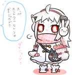  1girl ahoge alternate_costume chibi coat covered_mouth earmuffs horns kantai_collection long_hair looking_at_viewer lyu-sk mittens northern_ocean_hime red_eyes scarf shinkaisei-kan solo translation_request white_hair white_skin winter_clothes winter_coat 