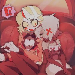  2girls blush charlie_morningstar closed_eyes colored_skin demon_girl dress grey_skin hazbin_hotel hellaverse highres long_hair multiple_girls red_suit short_hair skirt suit toma_01415 vaggie yuri 