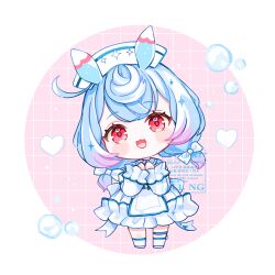  1girl :3 :d blue_hair blush_stickers border bow bubble chibi chibi_only commentary_request crossed_bangs double-parted_bangs dress full_body genshin_impact gradient_hair grid_background hair_bow hat kneehighs long_sleeves low_twintails medium_hair multicolored_hair nurse nurse_cap open_mouth pink_background pink_hair red_eyes round_border shoes short_twintails sigewinne_(genshin_impact) smile socks solo standing thigh_strap twintails watermark white_border white_bow white_dress white_hat white_shoes white_socks yutukicom 