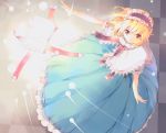  1girl alice_margatroid alternate_eye_color blonde_hair blue_dress book capelet checkered checkered_background dress frills hairband highres light_particles lolita_hairband looking_at_viewer open_book outstretched_arm red_eyes ribbon sash scan short_hair solo touhou ueda_ryou 
