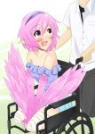  1boy 1girl :d amputee artist_request bare_shoulders blush double_amputee drawfag feathered_wings hairband harpy hetero looking_at_another monster_girl open_mouth original pink_hair pointy_ears smile solo_focus violet_eyes wheelchair wings 
