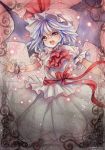  1girl ascot bat_wings blue_hair dress fang hat hat_removed headwear_removed mob_cap mosho open_mouth pink_eyes puffy_short_sleeves puffy_sleeves remilia_scarlet sash short_sleeves smile solo touhou traditional_media watercolor_(medium) white_dress wings wrist_cuffs 