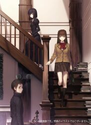  1boy 2girls annoyed aozaki_aoko bag black_eyes black_hair blue_eyes book book_stack bow bowtie breasts brown_hair closed_mouth commentary_request full_body hand_on_railing juliet_sleeves koyama_hirokazu kuonji_alice lapels legs light_smile long_hair long_legs long_sleeves looking_at_viewer mahou_tsukai_no_yoru miniskirt multiple_girls notched_lapels official_art parted_lips private_misaki_high_school_uniform profile puffy_sleeves red_bow red_bowtie reien_girl's_academy_school_uniform school_uniform shizuki_soujuurou short_hair skirt small_breasts stairs tight_clothes type_moon-ace upper_body walking watermark 