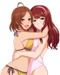  2girls ahoge bikini blue_eyes breast_press brown_eyes brown_hair hairband highres hug ichimedoo idolmaster idolmaster_cinderella_girls im_yujin long_hair looking_at_viewer multiple_girls one-piece_swimsuit open_mouth ryoo_haena short_hair side-tie_bikini simple_background smile swimsuit white_background 