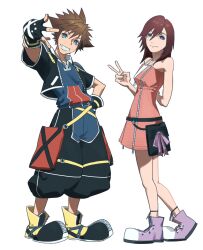  1boy 1girl arm_behind_back bare_shoulders black_chaps black_gloves black_jacket blue_eyes blue_romper boots breasts brown_hair closed_mouth cropped_jacket crown_necklace dress fingerless_gloves full_body gloves grin hair_between_eyes hand_on_own_hip highres jacket kairi_(kingdom_hearts) kingdom_hearts kingdom_hearts_ii medium_breasts medium_hair paii810 pink_dress pouch purple_boots red_hair romper short_dress short_hair sleeveless sleeveless_dress smile sora_(kingdom_hearts) spiky_hair standing teeth thigh_pouch v violet_eyes white_background yellow_boots 