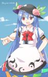  &gt;:d 1girl :d akagashi_hagane blue_hair blue_sky bow clouds dress food fruit hand_on_hip hat highres hinanawi_tenshi leaf long_hair open_mouth peach pointing puffy_short_sleeves puffy_sleeves red_bow red_eyes short_sleeves sky smile solo touhou twitter_username very_long_hair 