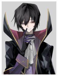  1boy absurdres ascot black_cape black_hair border cape code_geass collared_cape gloves glowing glowing_eye grey_background hair_between_eyes hand_on_own_face hand_up heterochromia high_collar highres lelouch_vi_britannia looking_to_the_side purple_gloves purple_suit short_hair smile solo suit two-sided_cape two-sided_fabric upper_body violet_eyes white_ascot white_border zi0w3 