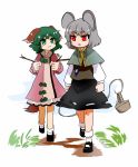  2girls :3 ameyu animal animal_ears basket blush_stickers branch capelet dress green_eyes green_hair grey_hair jewelry kasodani_kyouko long_sleeves looking_at_another looking_back mary_janes mouse mouse_ears mouse_tail multiple_girls nazrin necklace open_mouth pink_dress red_eyes shirt shoes short_hair simple_background skirt smile socks sweatdrop tail touhou vest walking white_legwear 