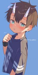  1boy black_shirt blue_background brown_hair child collar_tug commentary_request dai_(far_tarooo) dated far_tarooo gradient_horns green_eyes highres horns hot looking_at_viewer male_focus multicolored_horns original parted_lips purple_horns shirt short_hair simple_background solo sweatband two-tone_horns white_horns wristband 