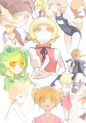  6+girls absurdres animal_costume blonde_hair blue_necktie blush closed_eyes closed_mouth dress fang frog_costume hair_bun hat highres holding holding_weapon japanese_clothes kimono long_hair looking_at_viewer monogatari_(series) multiple_girls naoetsu_high_school_uniform necktie open_mouth oshino_shinobu pink_dress pink_kimono pointing pointing_at_viewer pointy_ears school_swimsuit school_uniform short_hair shorts simple_background smile stuffed_toy swimsuit twintails waaifu6623 weapon white_background white_shorts yellow_eyes yukata 
