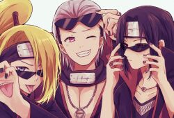  3boys akatsuki_uniform asymmetrical_bangs black_hair black_nails blue_eyes blush commentary_request deidara_(naruto) extra_mouth eyewear_on_head fishnet_top fishnets forehead_protector grey_hair grin hair_slicked_back hidan_(naruto) high_ponytail jewelry long_hair looking_at_viewer male_focus multiple_boys naruto_(series) naruto_shippuuden necklace one_eye_closed open_clothes open_robe ponytail red_eyes ring robe sharingan short_hair simple_background smile sou_(yesyesyeah) sunglasses uchiha_itachi white_background 