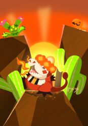  cactus closed_eyes commentary_request crocalor crocodile crocodilian desert fire flower happy hat highres horns iltuki maractus no_humans open_mouth pink_flower pokemon pokemon_(creature) pokemon_focus sharp_teeth single_horn sombrero sunset tail teeth trapinch yellow_eyes 