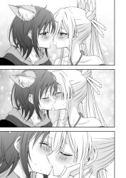  2girls animal_ears bare_shoulders blush cho_kaguya-hime! closed_eyes collarbone commentary facing_another fox_ears from_side hair_ornament hair_rings hair_stick halterneck hand_on_another's_cheek hand_on_another's_face highres hood hoodie kiss looking_at_another multiple_girls profile runami_yachiyo runami_yachiyo_(tsukuyomi) sakayori_iroha sakayori_iroha_(tsukuyomi) short_hair sweat takano_saku twintails yuri 