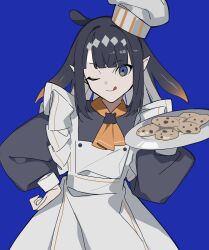  1girl absurdres apron black_hair blue_background blue_eyes blunt_bangs brown_hair chef_hat colored_tips cookie cowboy_shot food hat highres holding holding_plate hololive looking_at_viewer maid_apron multicolored_hair ninomae_ina'nis one_eye_closed plate pointy_ears simple_background solo straight-on tongue tongue_out two-tone_hair vixsi_art 