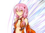  1girl bare_shoulders breasts center_opening cleavage detached_sleeves elbow_gloves gloves guilty_crown hair_ornament hairclip long_hair looking_at_viewer pink_hair red_eyes solo thigh-highs tige twintails yuzuriha_inori 