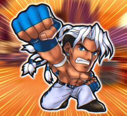  1boy belt black_hair blue_eyes blue_gloves blurry blurry_background bodypaint boxing_gloves canyon chibi clenched_hand clenched_hands closed_mouth commentary_request dark-skinned_male dark_skin dreadlocks dress_shoes earrings emphasis_lines fang fatal_fury fighting_stance fingerless_gloves full_body gloves jewelry kneeling long_hair looking_at_viewer male_focus muscular native_american oxfords pants ponytail punching rick_strowd shoes snk solo sunset tattoo teeth topless_male west-maison white_hair white_pants 