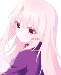  1girl akcktwj artist_name ascot commentary_request expressionless fate/stay_night fate_(series) hair_between_eyes highres illyasviel_von_einzbern long_hair looking_at_viewer purple_ascot purple_shirt red_eyes shirt simple_background solo upper_body white_background white_hair 