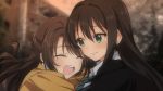  2girls anime_coloring black_hair brown_hair closed_eyes green_eyes highres hug idolmaster idolmaster_cinderella_girls long_hair multiple_girls necktie school_uniform shibuya_rin shift_(0808) shimamura_uzuki 