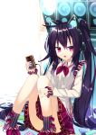  1girl black_hair cassette_player cassette_tape headphones long_hair looking_at_viewer nyori open_mouth original sitting solo twintails violet_eyes 