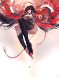  1girl bent_knees black_hair black_legwear breasts cape cleavage from_below highres holding kishiyo mole mole_under_eye original red_eyes revision ribbon single_shoe solo thigh-highs weapon 