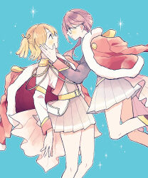  2girls :| aiguillette aqua_background badge belt blonde_hair blush boots brown_boots closed_mouth commentary_request daiba_nana epaulettes eye_contact feet_out_of_frame floating from_side fur-trimmed_jacket fur_trim glasses green_eyes green_ribbon grey_jacket grey_skirt hair_between_eyes hair_ribbon hand_on_another's_cheek hand_on_another's_face hand_up highres hoshimi_junna jacket jacket_on_shoulders legs_up long_hair long_sleeves looking_at_another low_side_ponytail multicolored_jacket multiple_girls one_side_up parted_lips pleated_skirt ponytail profile purple_hair purple_jacket red_jacket red_sash ribbon ririco_(gnsn) sash short_hair shoujo_kageki_revue_starlight shoulder_sash side_ponytail sidelocks single_horizontal_stripe skirt star_(symbol) striped_clothes striped_skirt two-tone_jacket waist_cape white_jacket yellow_belt yellow_trim 